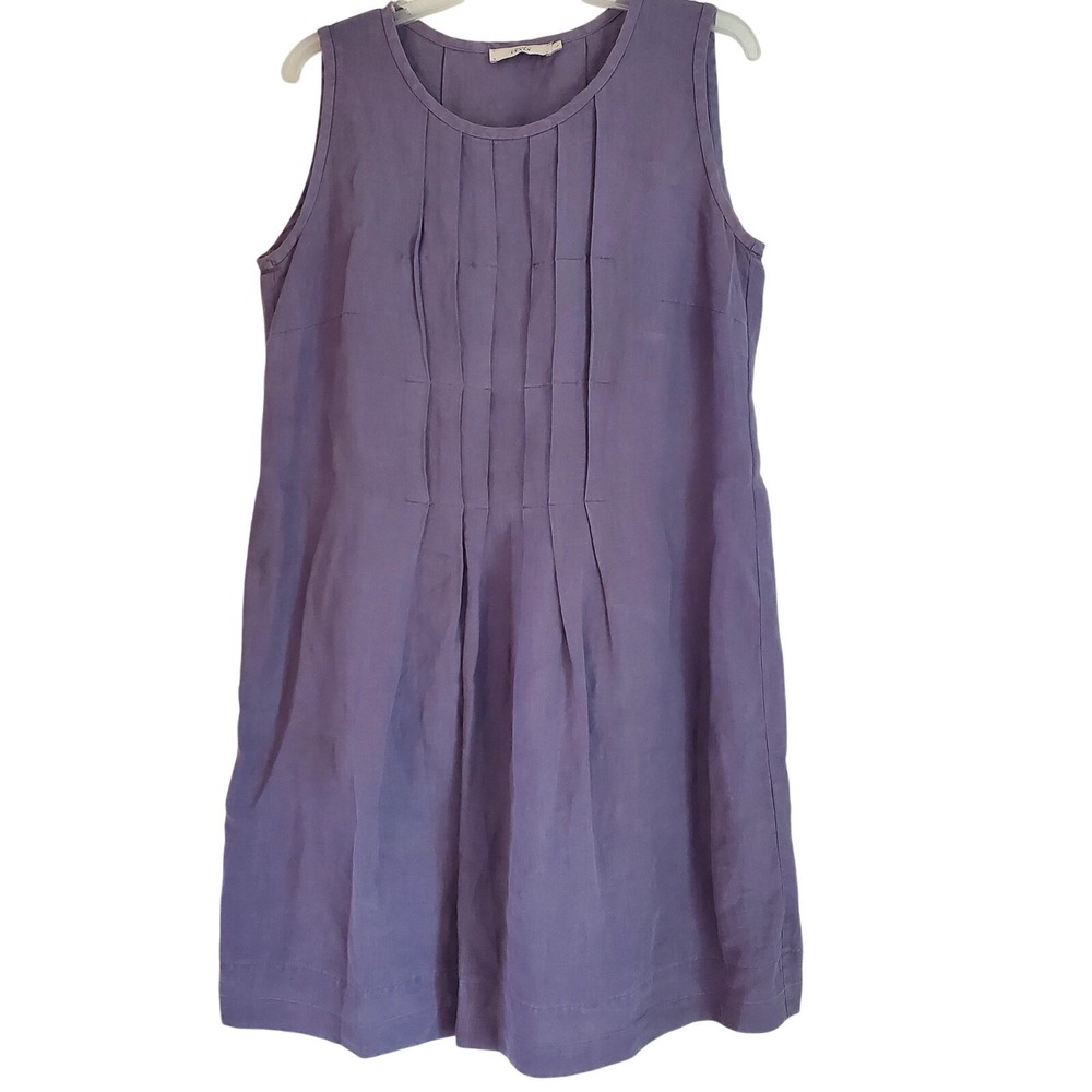 0039 Italy Dress Womens Large Blue Linen Sleeveless Pintuck Pleated‎ Shift